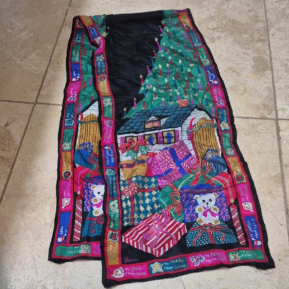 Vera Neumann Accessories - Vintage VERA christmas Tree Oblong Scarf Metallic Gold Trim Multicolor Silk Wrap